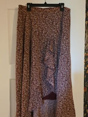 Mikarose Maroon Floral High-Low Ruffle Skirt